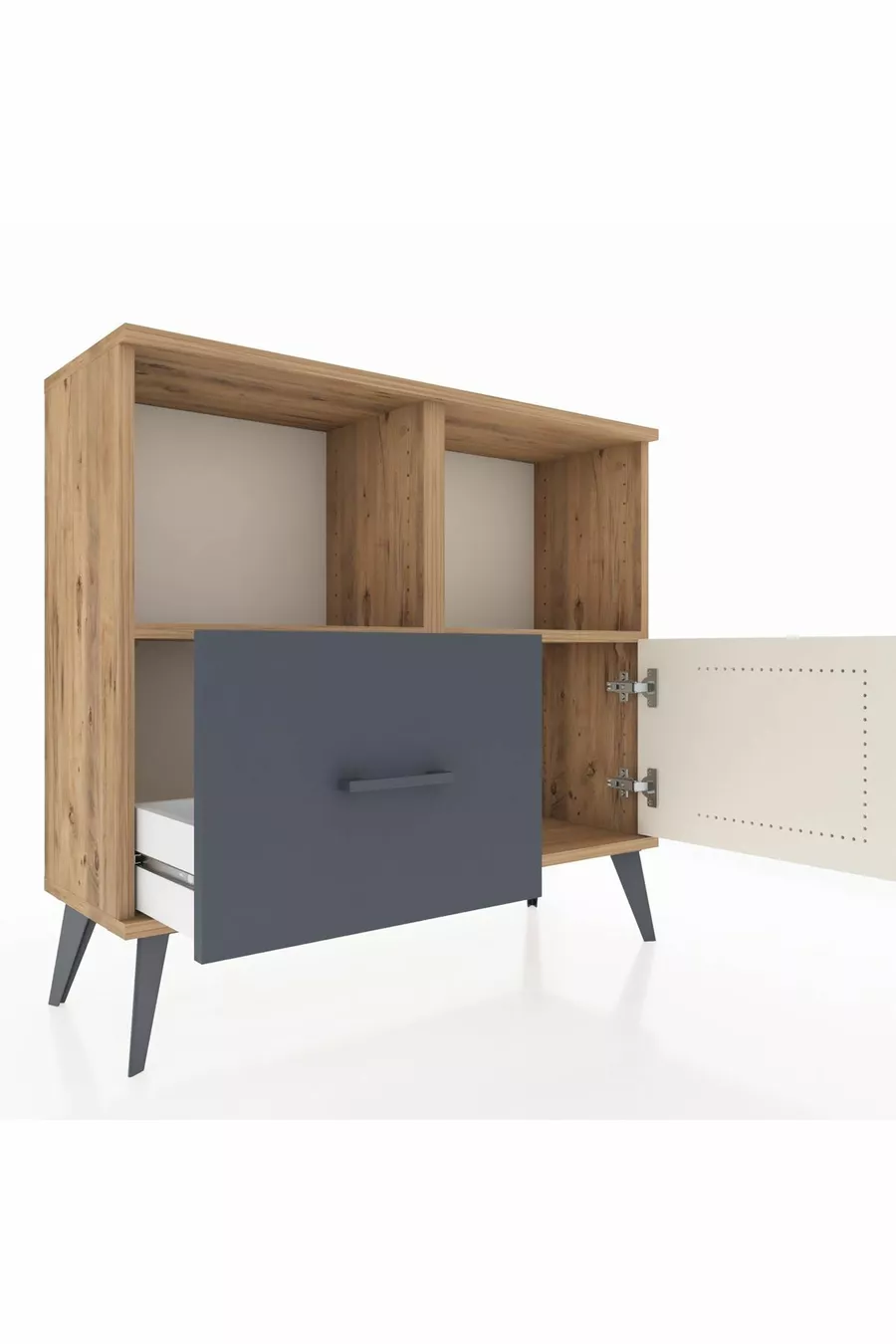 Commode Arges avec 2 étagères, 1 tiroir et 1 porte, en pin-pierre d'âme/antracite