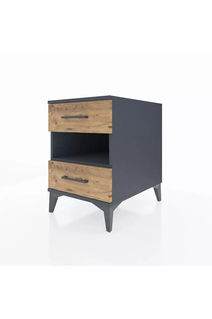 Table de chevet Kronos avec une étagère et 2 tiroirs Anthracite-Bois de pin