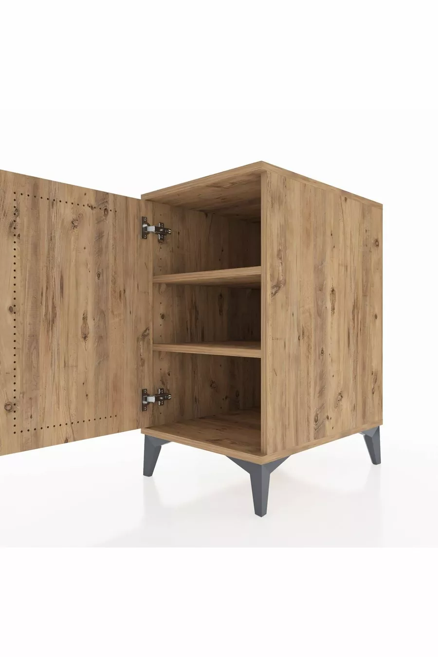 Table de chevet Aura à 2 étagères et 1 porte en pin-Pin | Table de chevet sur pieds hauts