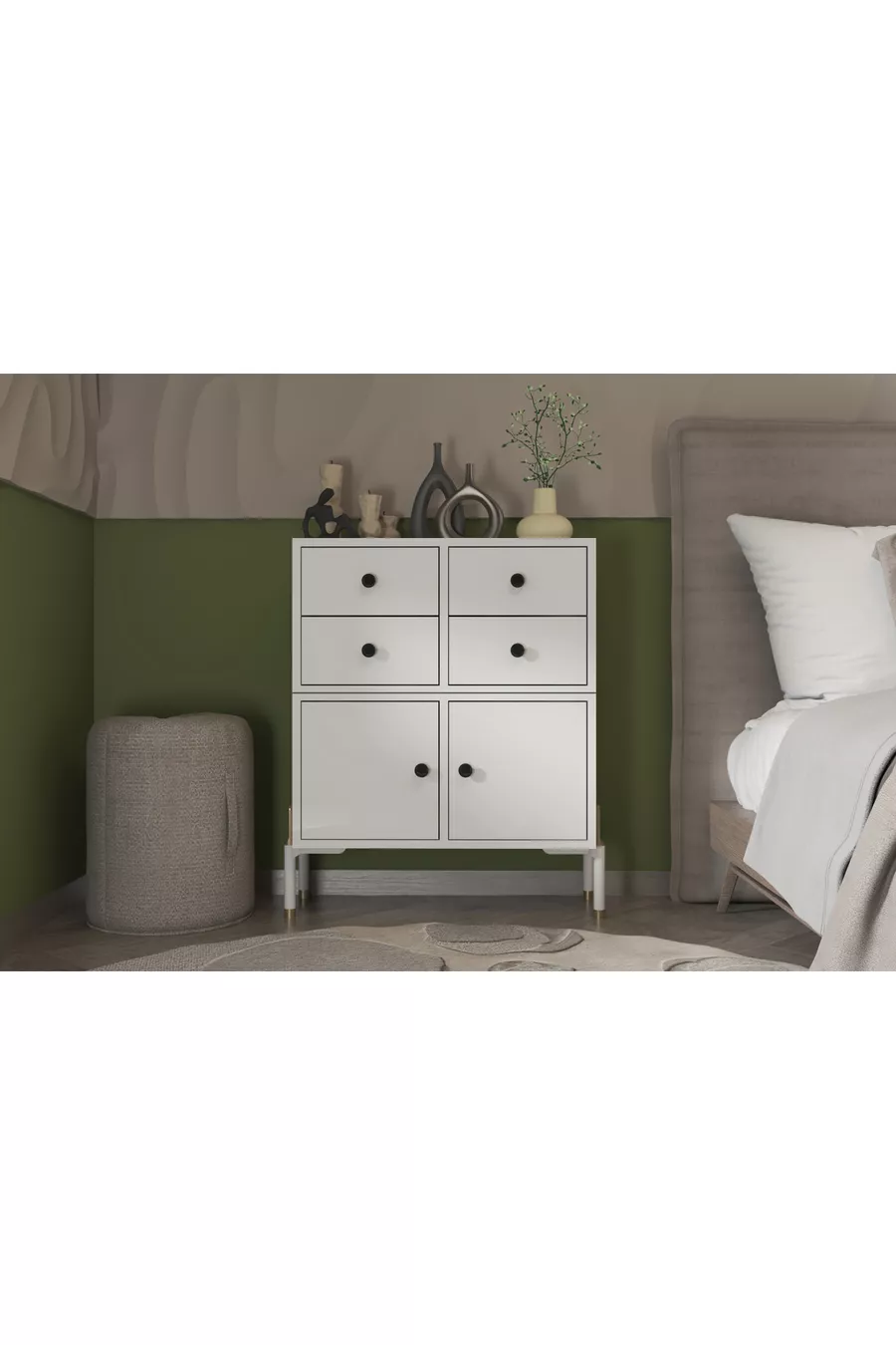 Commode modulaire à 4 tiroirs + 2 portes – Pieds en métal, rangement polyvalent