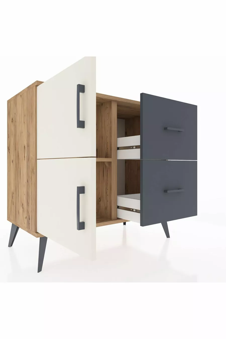 Commode Hyperion à une étagère, 2 tiroirs et 2 portes, pin-gris ardoise/anthracite