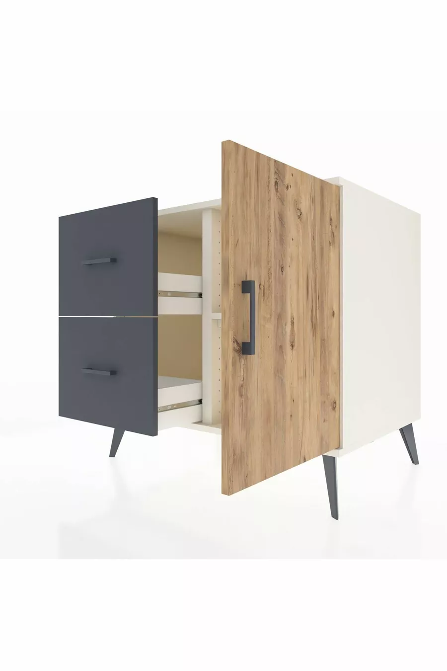 Commode Kronos à une étagère, 2 tiroirs, 1 porte, Pierre de Lune/Pin/Anthracite