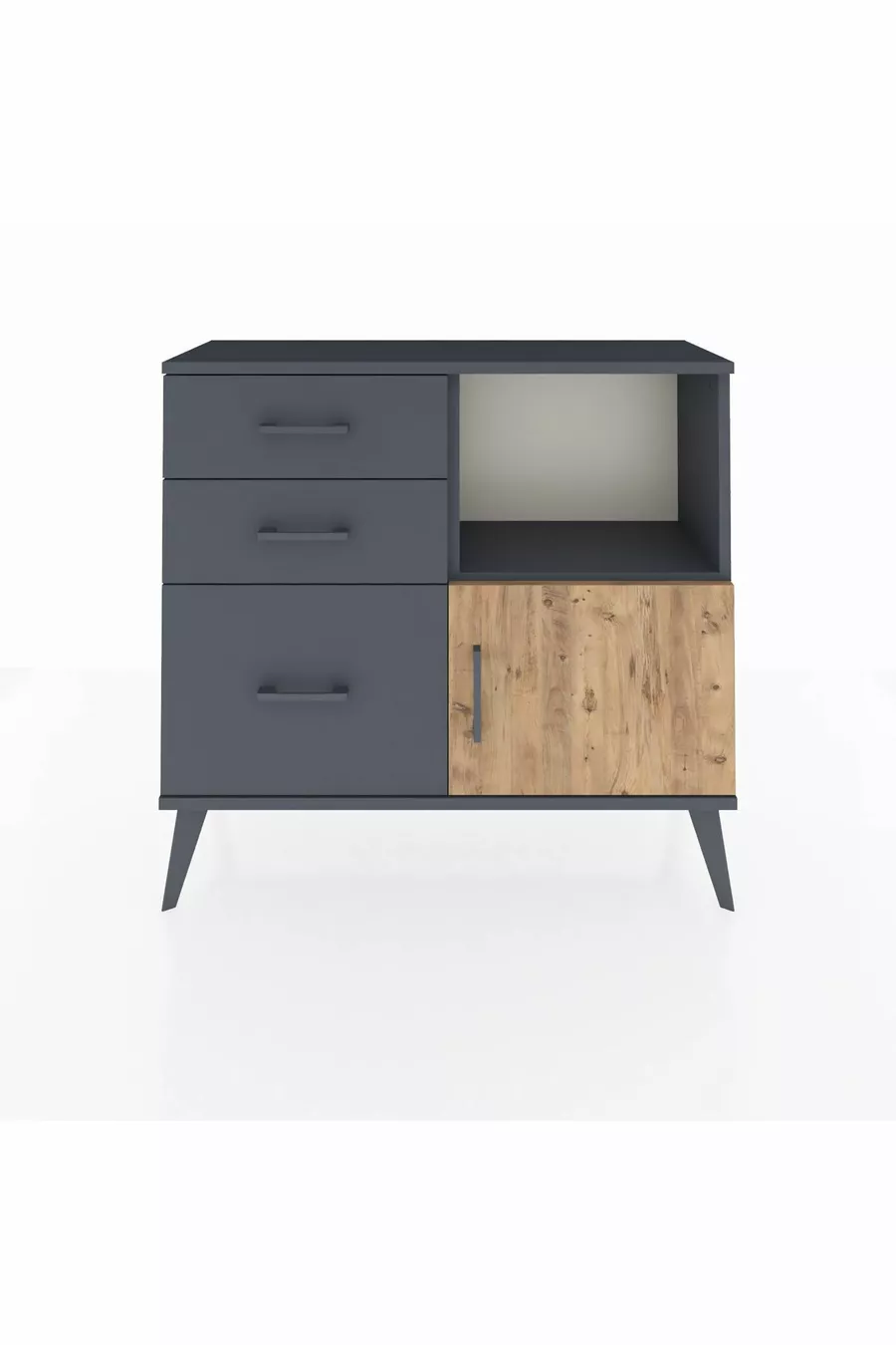 Commode Arges avec une seule étagère, 3 tiroirs et une porte unique Anthracite-Sapin/Anthracite