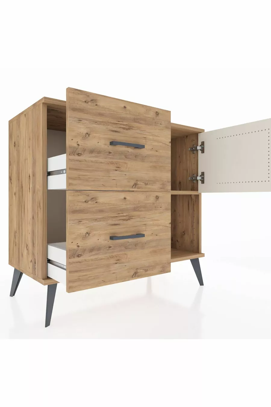 Commode Hyperion avec une étagère, 2 tiroirs et une porte, pin-pierre d'onyx/pin