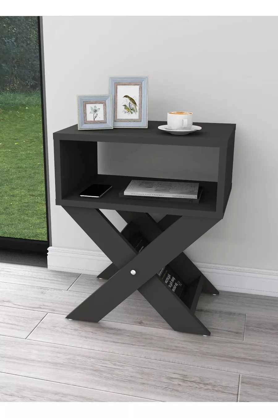 Тумбочка с газетницей на ножках Home Enda X, кофейный столик, антрацит