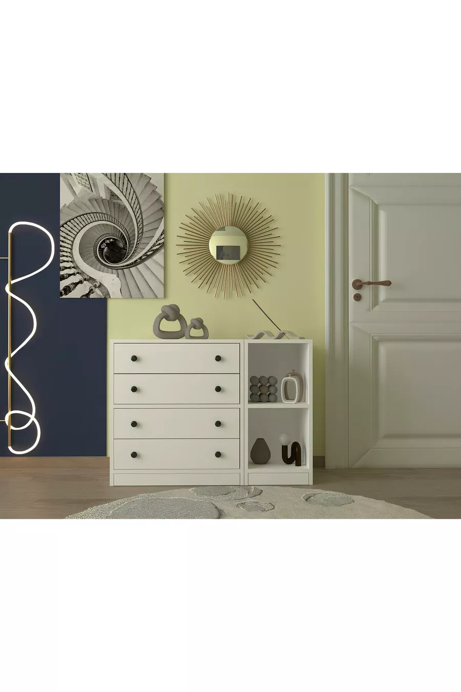 Unité de rangement modulaire avec 4 tiroirs, commode à étagères ouvertes et table de chevet
