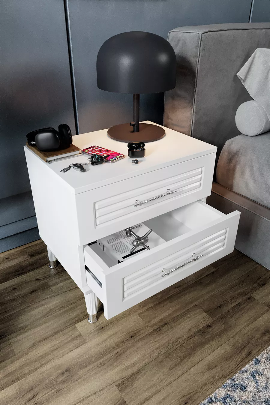 Table de chevet à 2 tiroirs avec volets Blanc Argent
