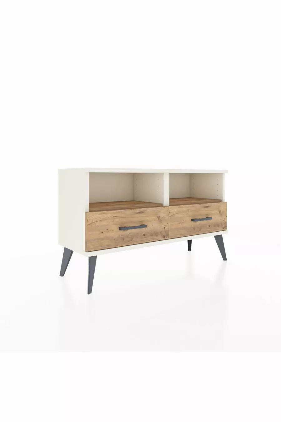 Commode Arges avec 2 étagères et 2 tiroirs, couleur Pierre de Lune-Pin