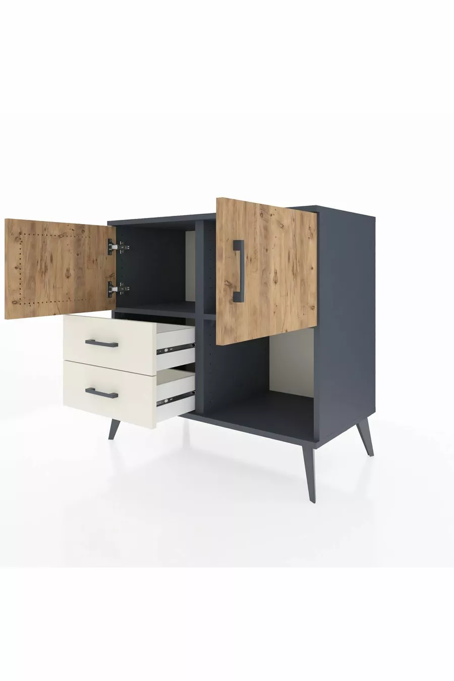 Commode Hyperion 2 étagères 2 tiroirs 2 portes Anthracite-Pin/Gris pierre