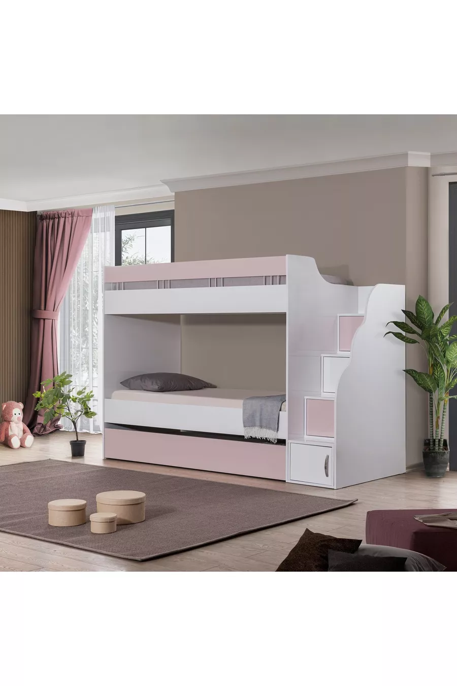 LETTO A CASTELLO, LETTO A CASTELLO BIANCO-ROSA CON CUCCIOLI