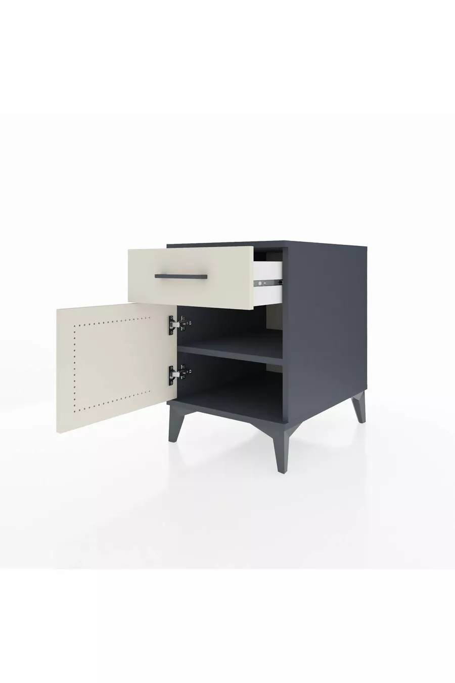 Table de chevet Kronos avec une étagère, un tiroir et une porte, Anthracite-Patine de pierre