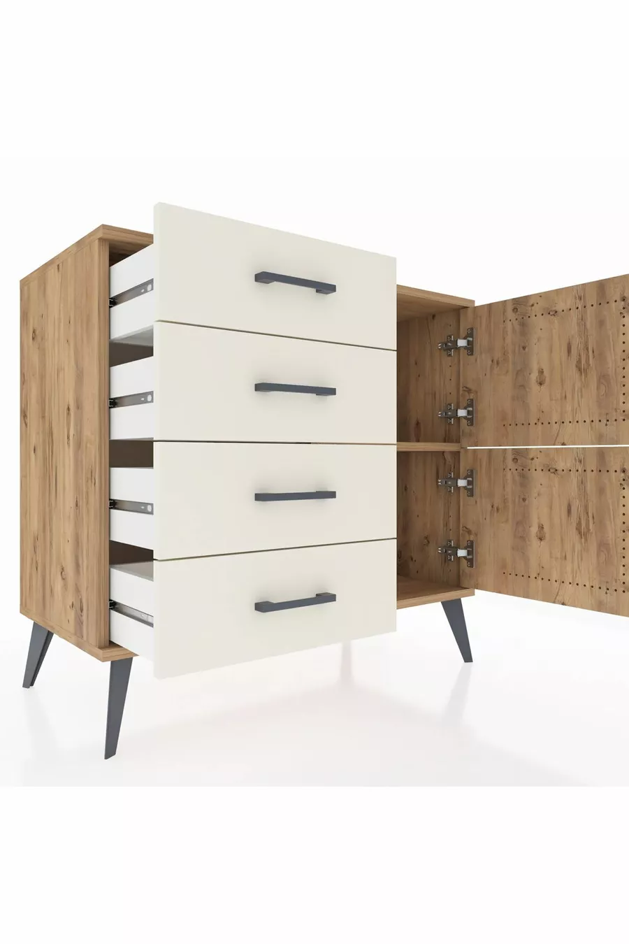 Hyperion Dressoir Met Één Plank, 4 Lades, 2 Deuren, Dennenhout-Dennenhout/Agaatsteen