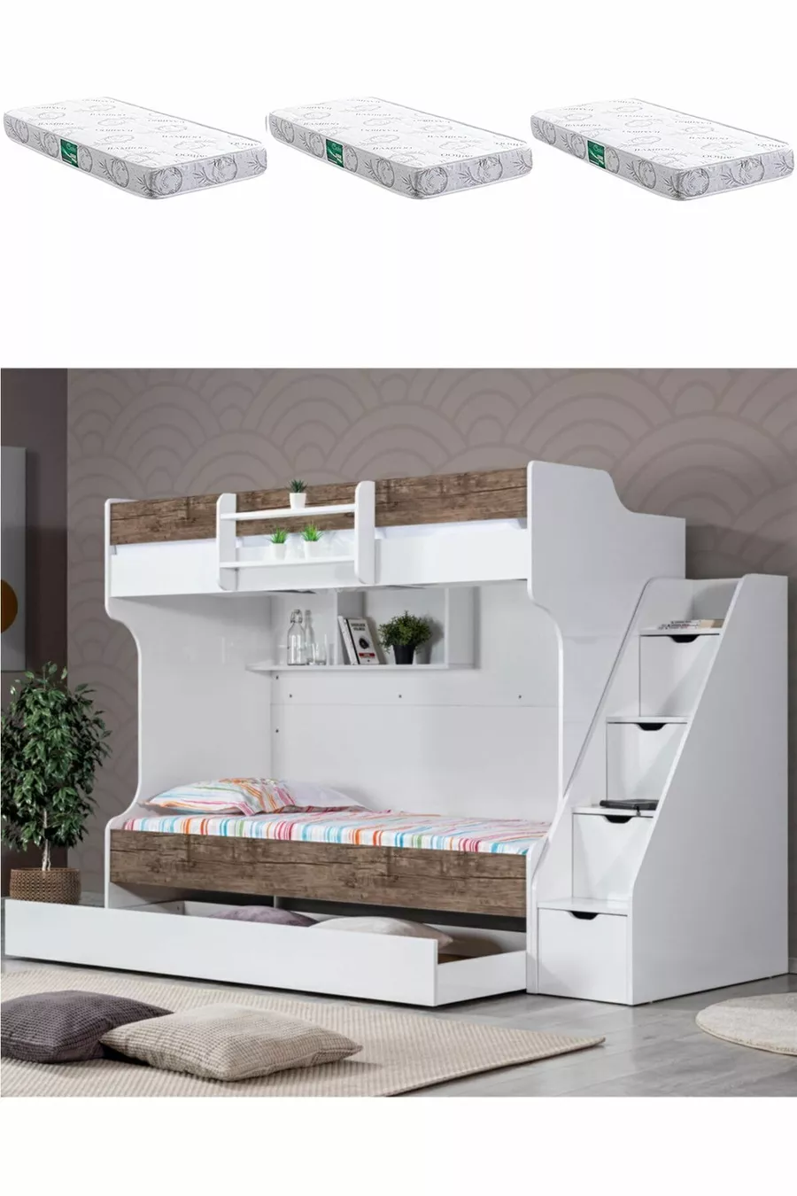 Lits superposés, Lit superposé Kardem avec tiroirs - Noyer + 3 matelas Comfort
