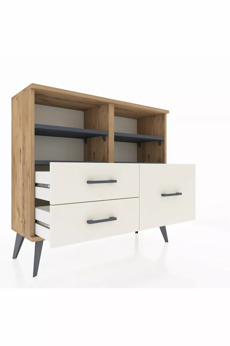 Commode Arges 4 étagères 3 tiroirs Pin-Anthracite/Marbre