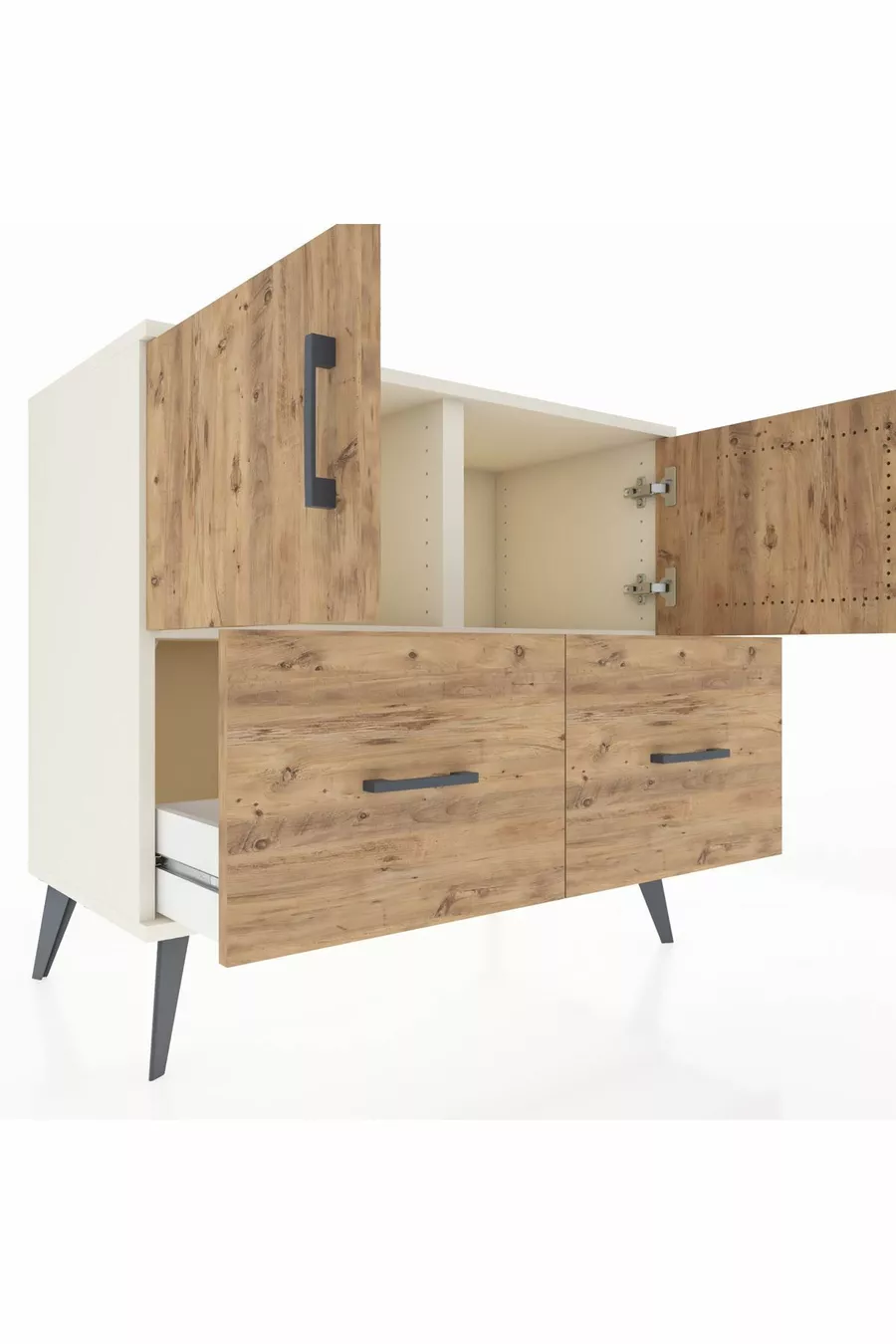 Commode Hyperion avec 2 étagères, 2 tiroirs et 2 portes, Pierre de Lune-Pin