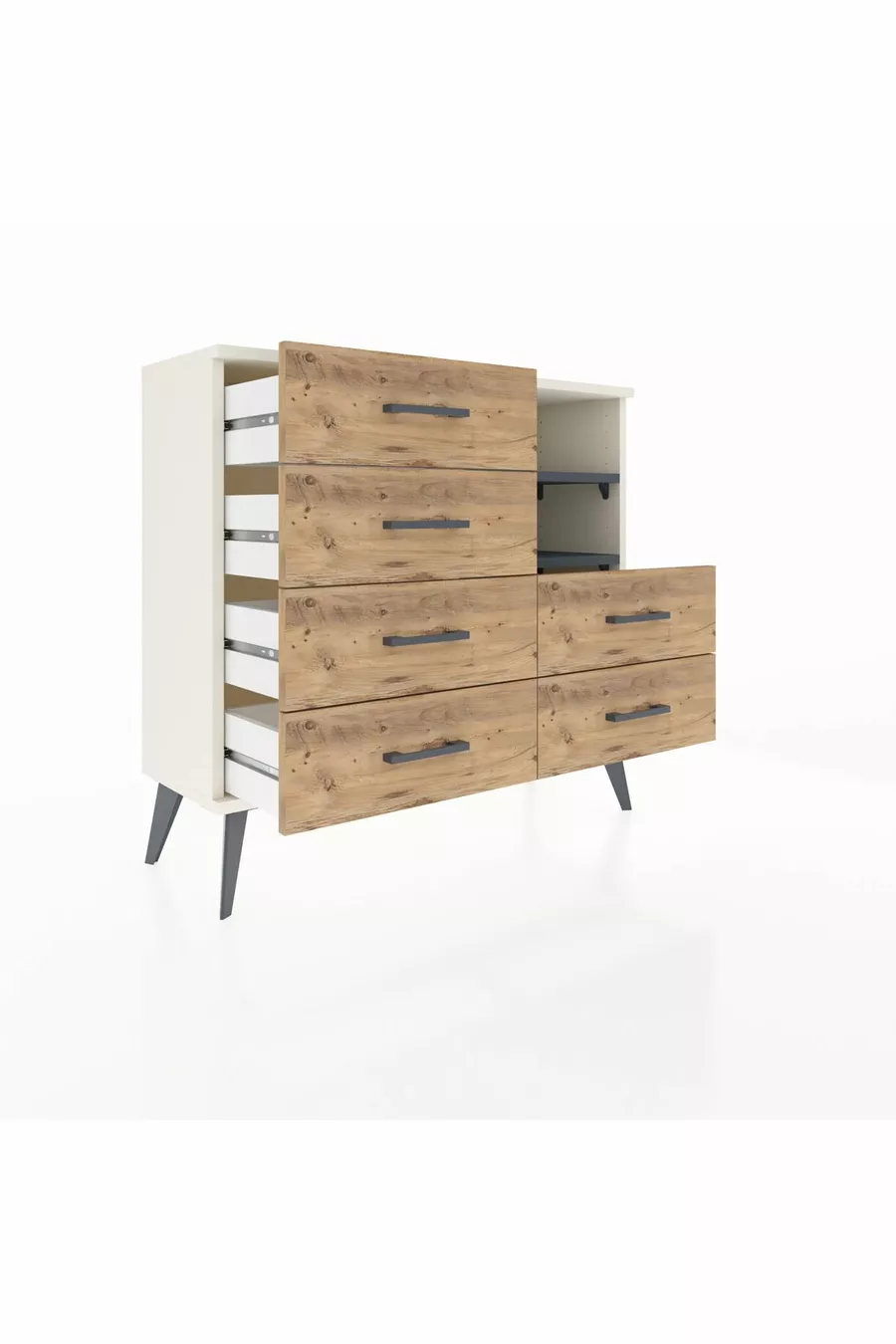 Commode Arges 2 étagères 6 tiroirs Pierre de lune-Anthracite/Sapin