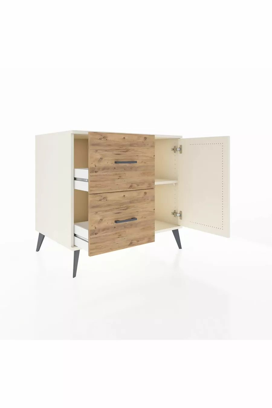 Commode Kronos à une étagère, deux tiroirs et une porte, couleur Pierre de Lune / Pin