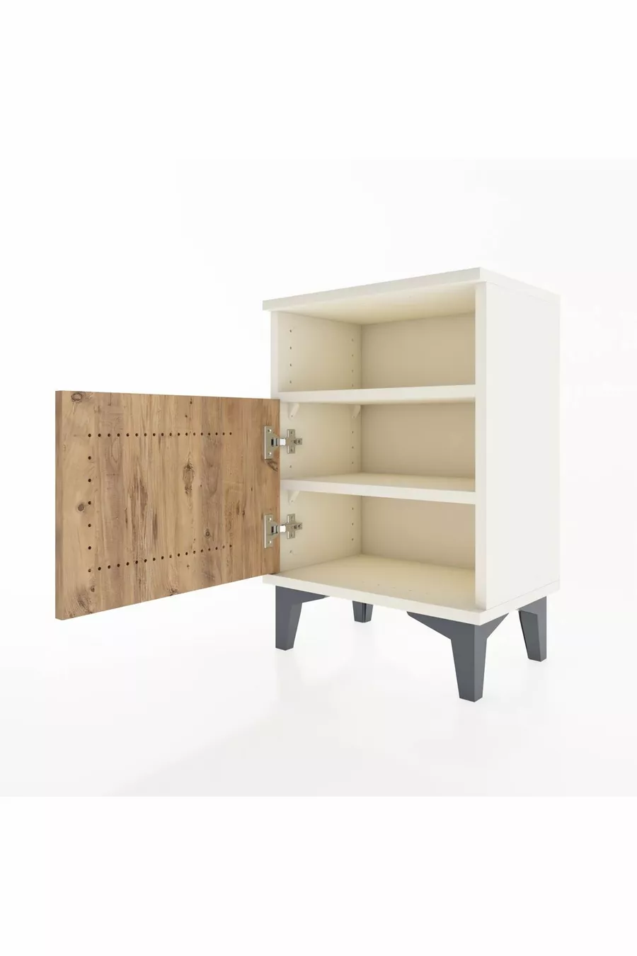 Table de chevet Arges à 2 étagères avec 1 porte, en pierre de lune et pin