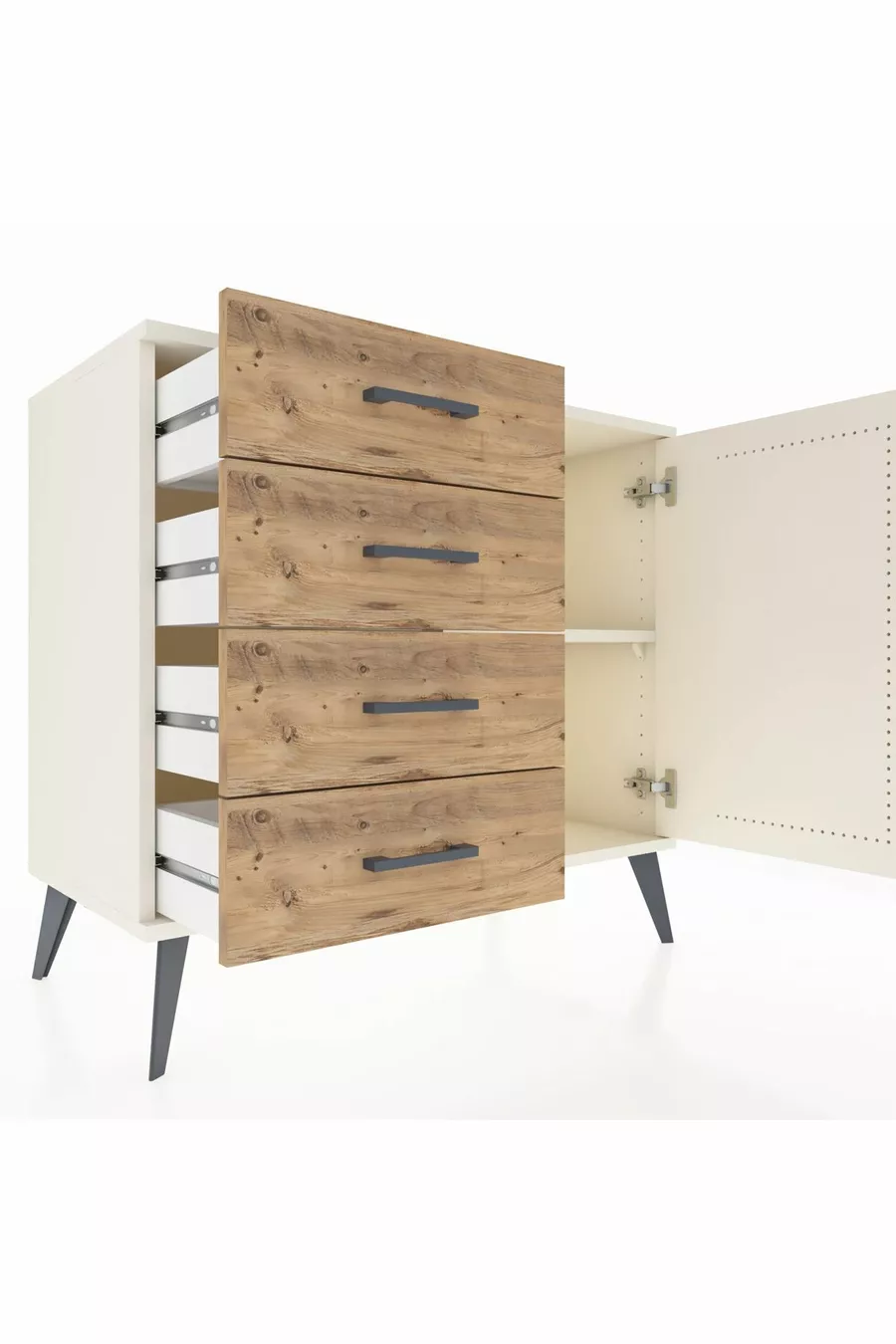 Commode Hyperion avec une seule étagère, 4 tiroirs et une porte, Pierre de Lune/Pins