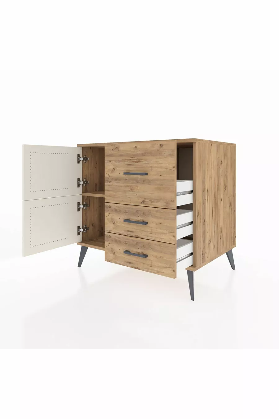 Commode Kronos à une étagère, 3 tiroirs et 2 portes, Pin-Aigue-marine/Pin