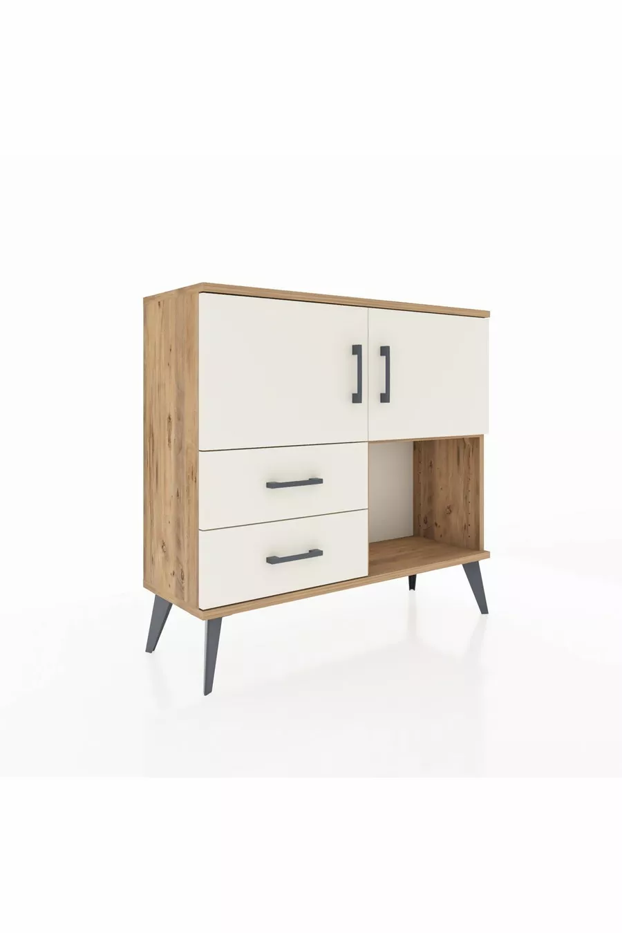 Commode Arges avec 2 étagères, 2 tiroirs et 2 portes, en pin et pierre d'agate