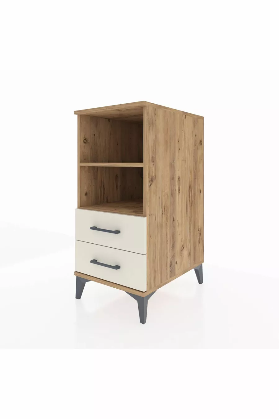 Table de chevet Kronos avec 2 étagères et 2 tiroirs, pin-granit