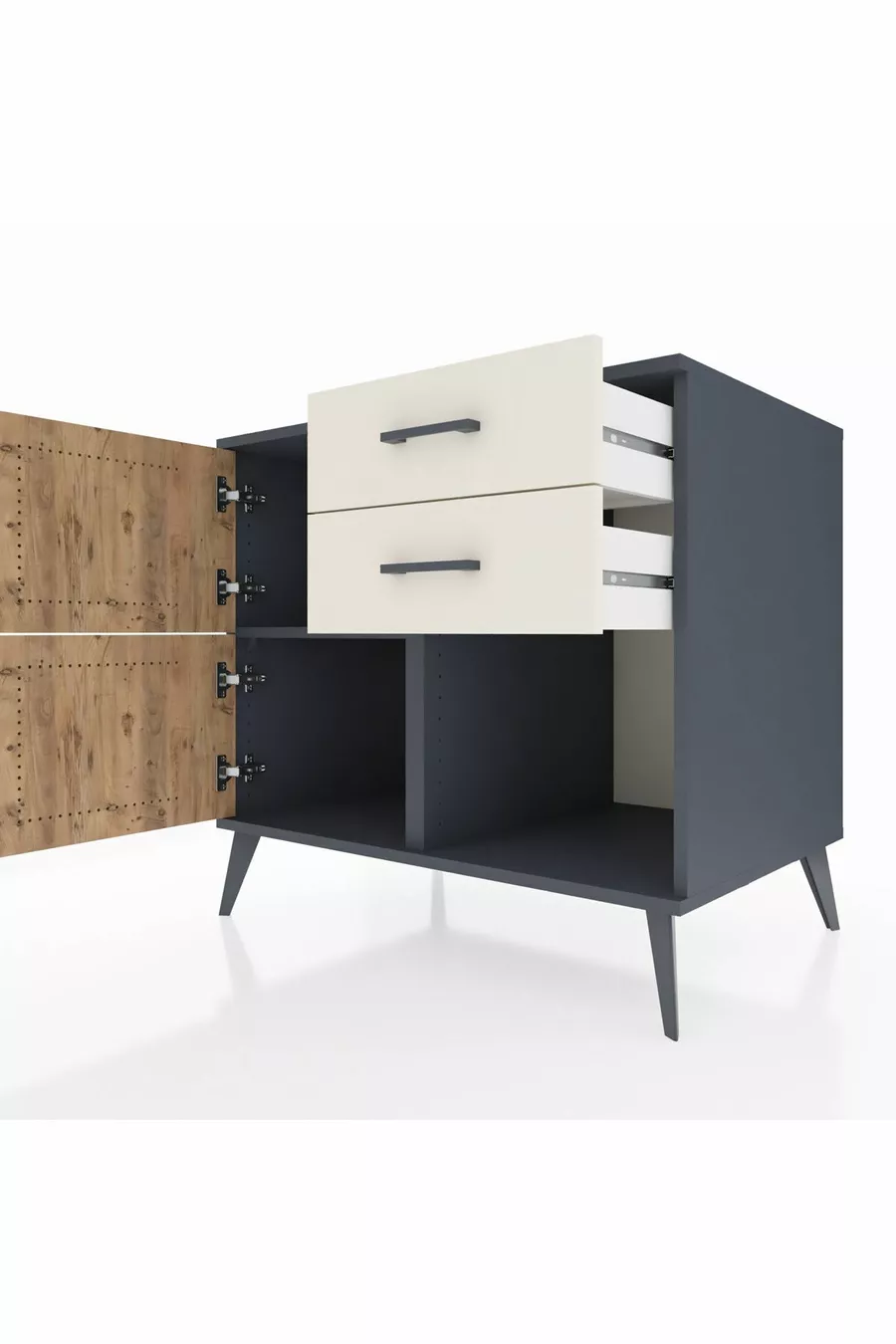 Commode Kronos à une étagère, 2 tiroirs, 2 portes Anthracite-Sapin/Pierre de lune
