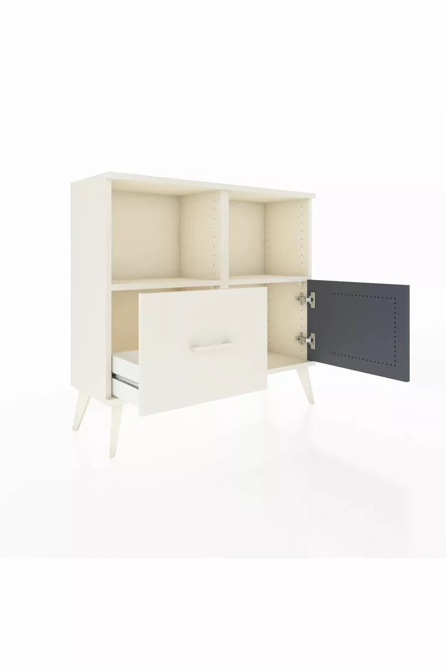 Commode Arges avec 2 étagères, 1 tiroir et 1 porte, couleur Pierre de Lune-Anthracite/Pierre de Lune