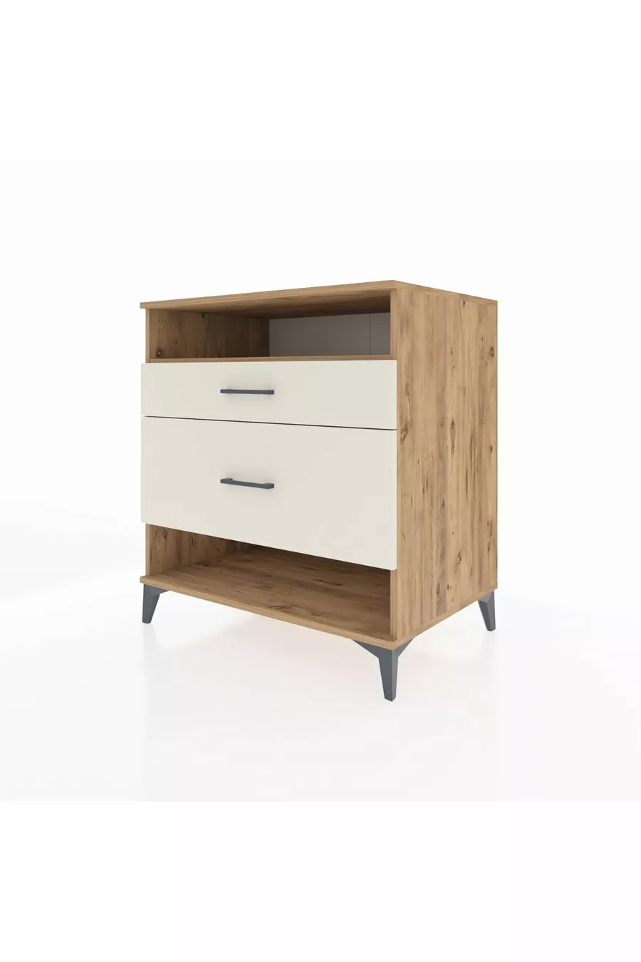 Commode Kronos à une étagère et 2 tiroirs en pin et pierre de lave