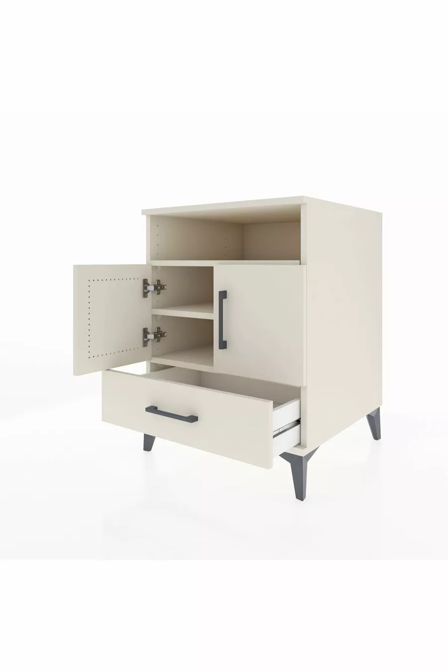 Table de chevet Kronos avec 3 étagères, 1 tiroir et 2 portes, couleur Pierre de Lune