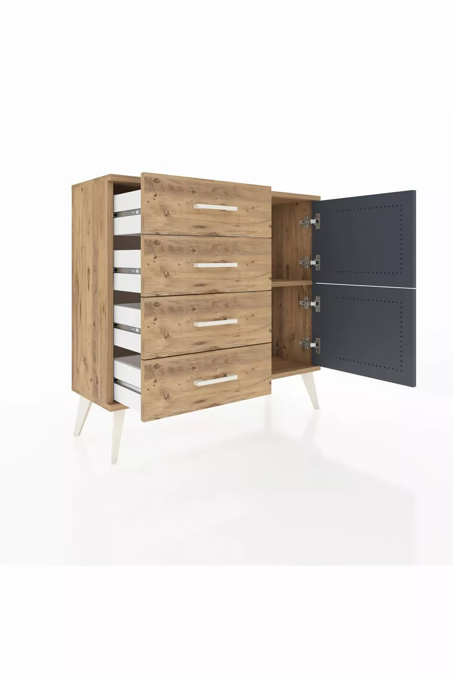 Commode Arges avec une seule étagère, 4 tiroirs et 2 portes, Pin-Anthracite/Pin