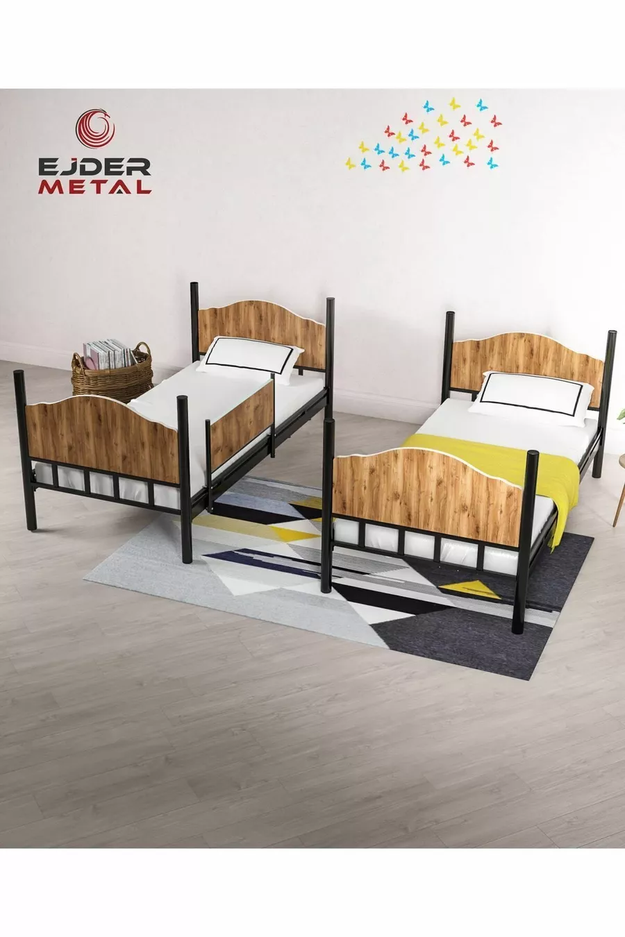 Metal Bunk Bed with Wood Black-Walnut Color (WITHOUT MATTRESS)