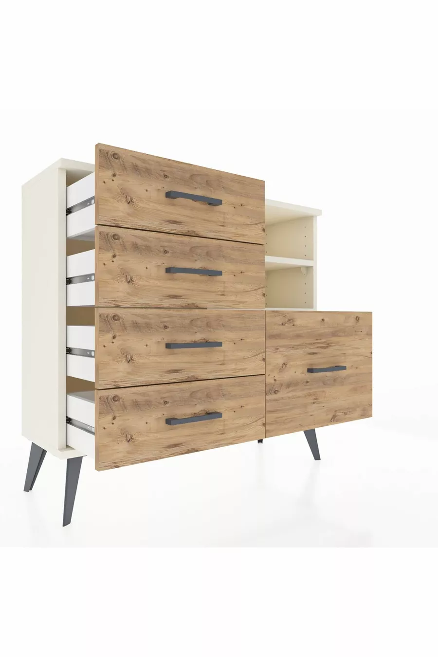 Comò Arges con 2 Ripiani e 5 Cassetti Alabastro/Abete