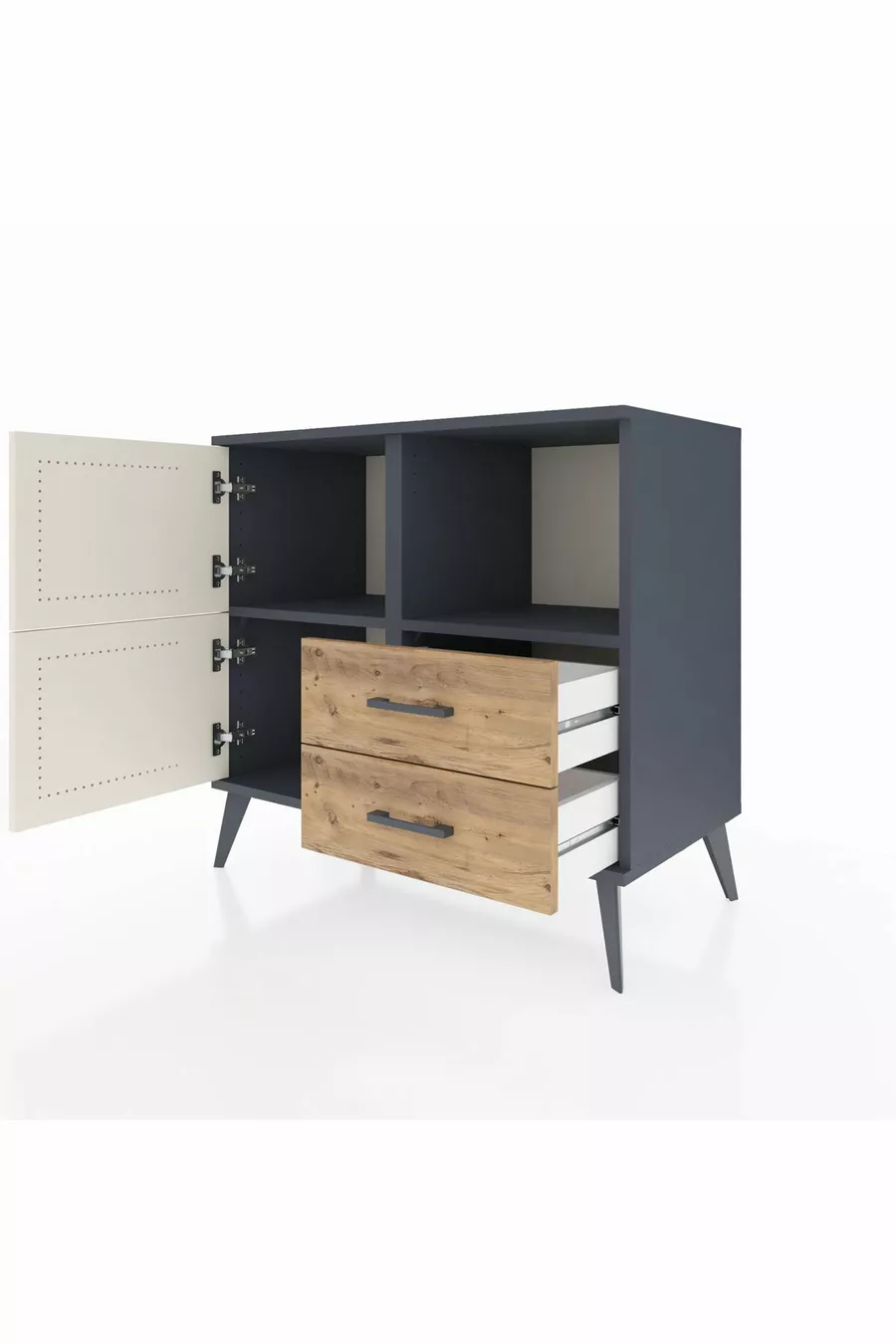Commode Hyperion 2 étagères 2 tiroirs 2 portes Anthracite-Pierre de lune/Sapin