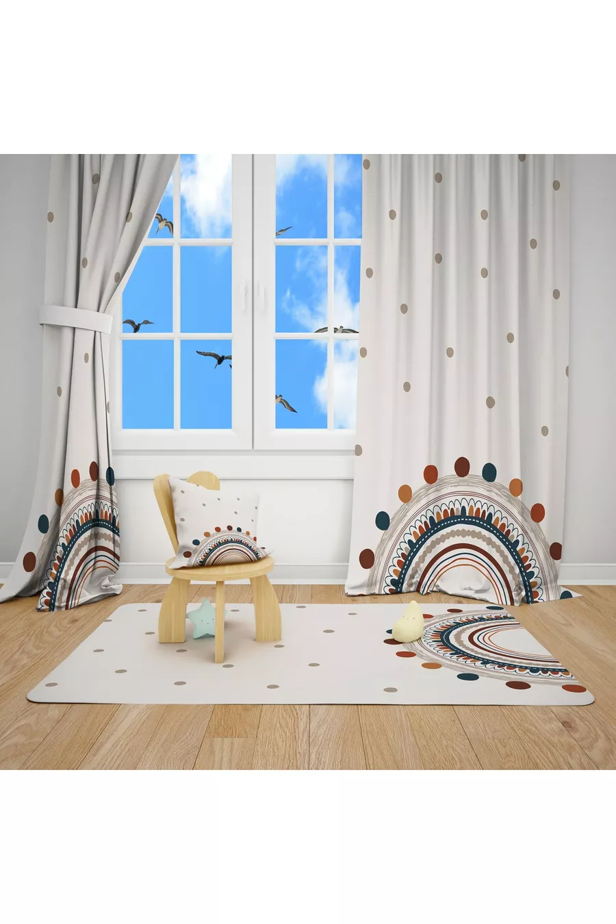 Regenboog Kinderkamer Set (gordijn, bedsprei en kussen, tapijt)