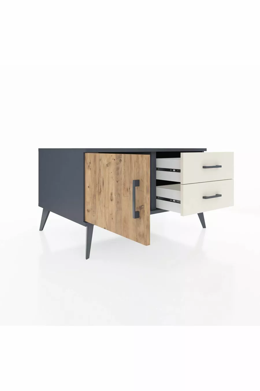 Kronos Kommode mit einem Regal, 2 Schubladen und einer Tür, Anthrazit-Kiefer/Steingrau