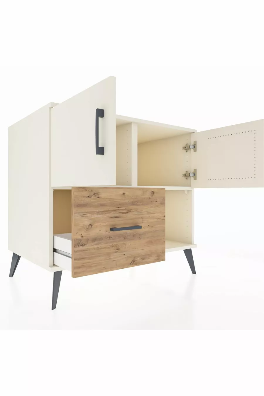 Commode Kronos à 2 étagères, 1 tiroir, 2 portes, Pierre de lune/Pierre de lune/Pin