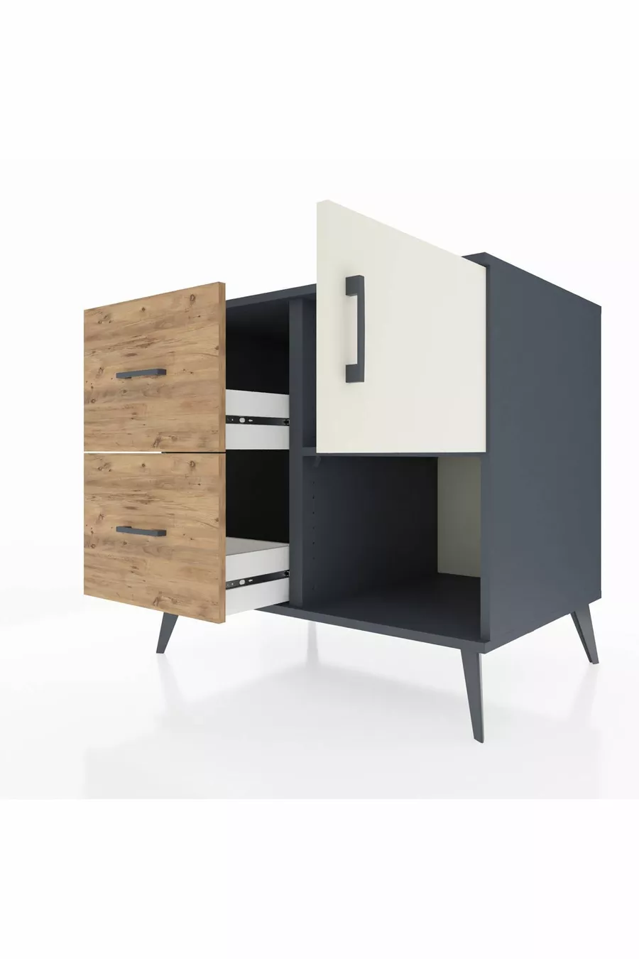 Commode Kronos à une étagère, 2 tiroirs et une porte, Anthracite-Pierre de lune/Pin