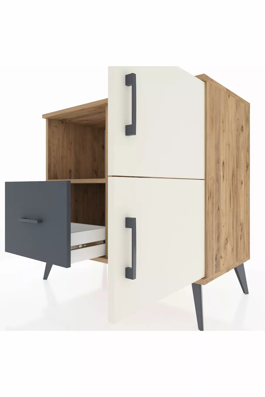 Commode Hyperion avec 2 étagères, 1 tiroir et 2 portes, en pin et gris anthracite