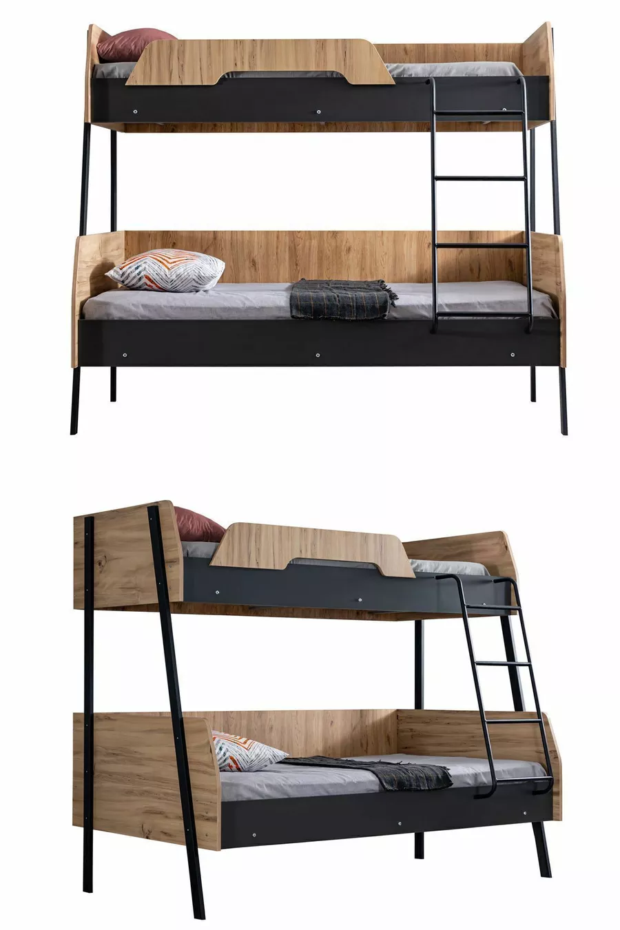 Ranza, Letto a Castello Doppio Lungo Alba, cm - cm - Noce-Antracite + 2 Materassi Comfort