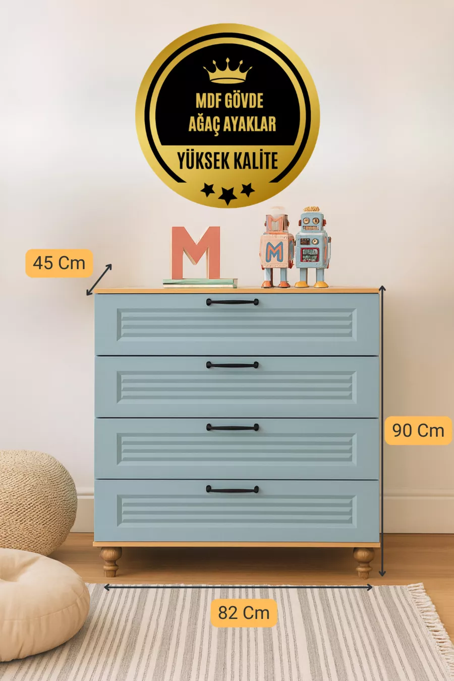 Commode bleue à tiroirs | Qualité MDF à 100 % | Portes avec revêtement REHAU | Pieds en bois