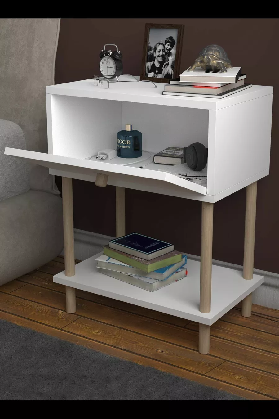 Table de chevet moderne avec couvercle rabattable et étagère, organisateur de chevet pour chambre, table d'appoint sur pieds en bois - Blanc