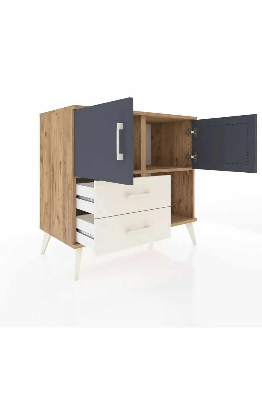 Commode Hyperion avec 2 étagères, 2 tiroirs, 2 portes, en pin anthracite/pierre de lune