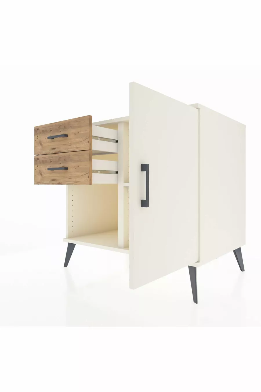 Commode Kronos à une étagère, 2 tiroirs et une porte, Pierre de Lune / Pin