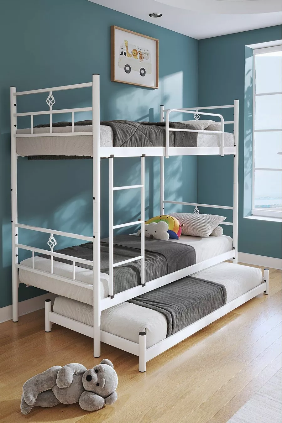 Lit superposé Koza avec tiroir, compatible pour 3 personnes, métal blanc