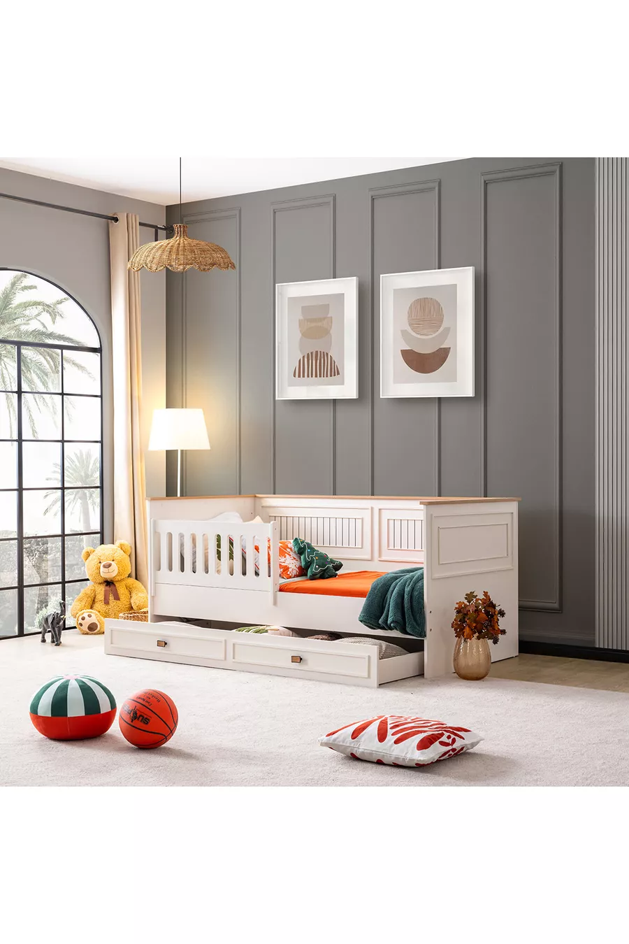 Chambre d'enfant, Armoire Zenit à 3 portes, Lit en sofa avec barrières pour enfants
