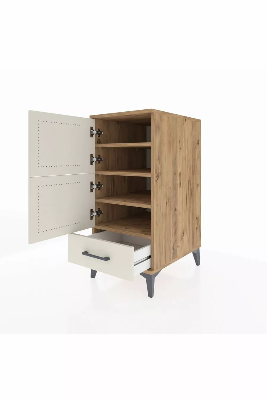 Table de chevet Kronos avec 4 étagères, 1 tiroir et 1 porte, en pin-pierre d'ardoise