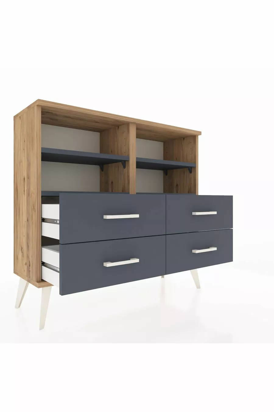 Commode Arges 4 étagères 4 tiroirs Pin-Anthracite