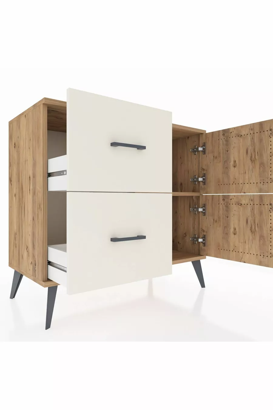 Commode Hyperion avec une seule étagère, 2 tiroirs et 2 portes, Pin-Pin / Pierre de bois
