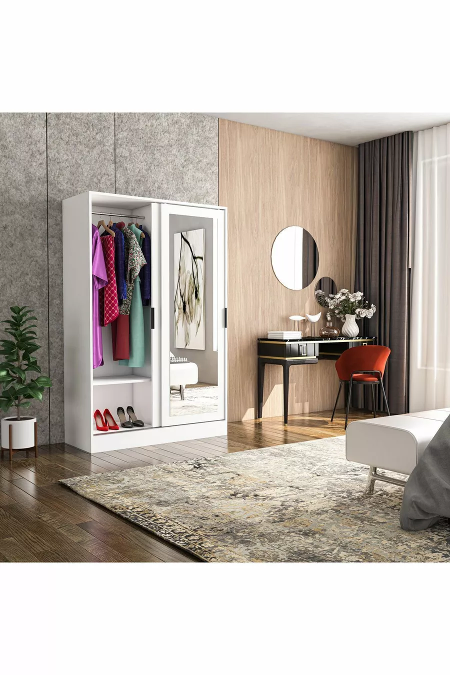 Berceste White 2-Sliding Door Mirrored 8-Section Wardrobe Closet